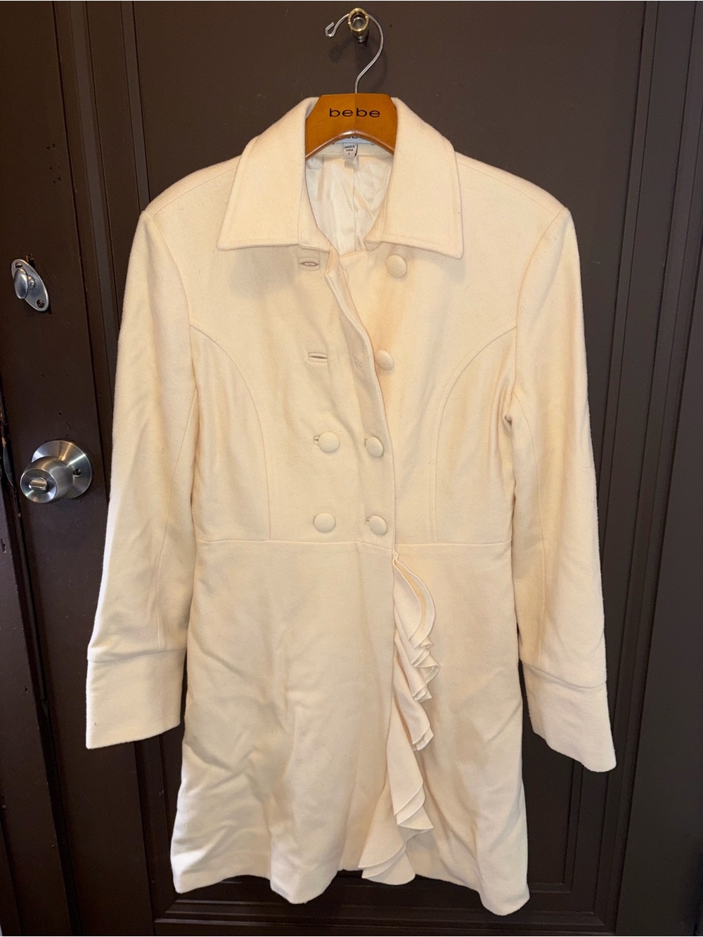 Vintage Y2K BEBE Ivory Double-Breasted Ruffle Wool Pea Coat size S